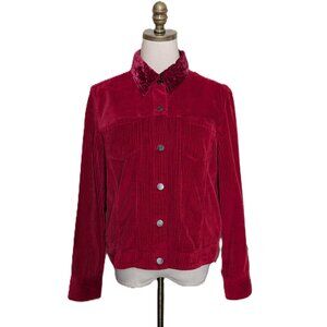 J Jill Corduroy Jacket Size PM Red Button Up Velvet Collar Pockets